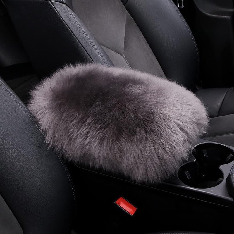 LLB Auto Center Console Cover Pad Universal Fit for SUV/Truck/Car, Genuine Sheepskin Wool Fur Car Armrest Seat Box Cover, Furry Fluffy Auto Armrest Cover Protector (Carbon Gray) - Image 1